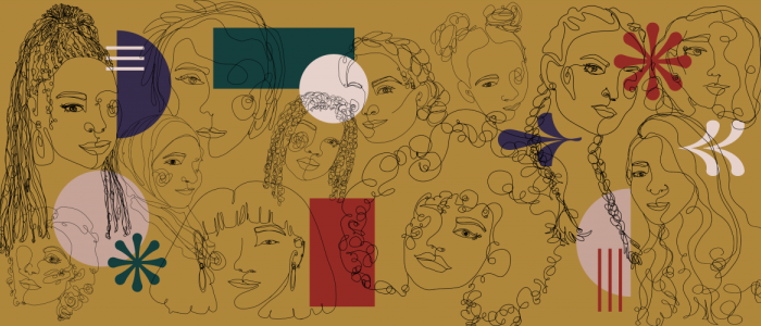 Line drawings of women's faces sit in front of a dark yellow background. Various shapes in red, pink and purple are mixed throughout.