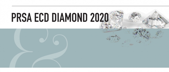 PRSA ECD Diamond 2020. Black texts is in front of a white background. The bottom half of the image is a light blue text. An ampersand is in the bottom left. Diamond images are in the top right.