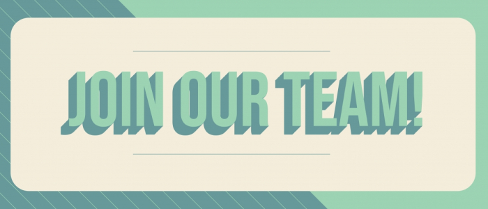 Graphic features "Join Our Team" in block lettering on a striped background.